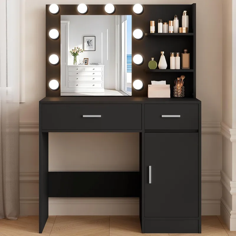 LIVELYGLOW Lighted Makeup Vanity Desk, Black