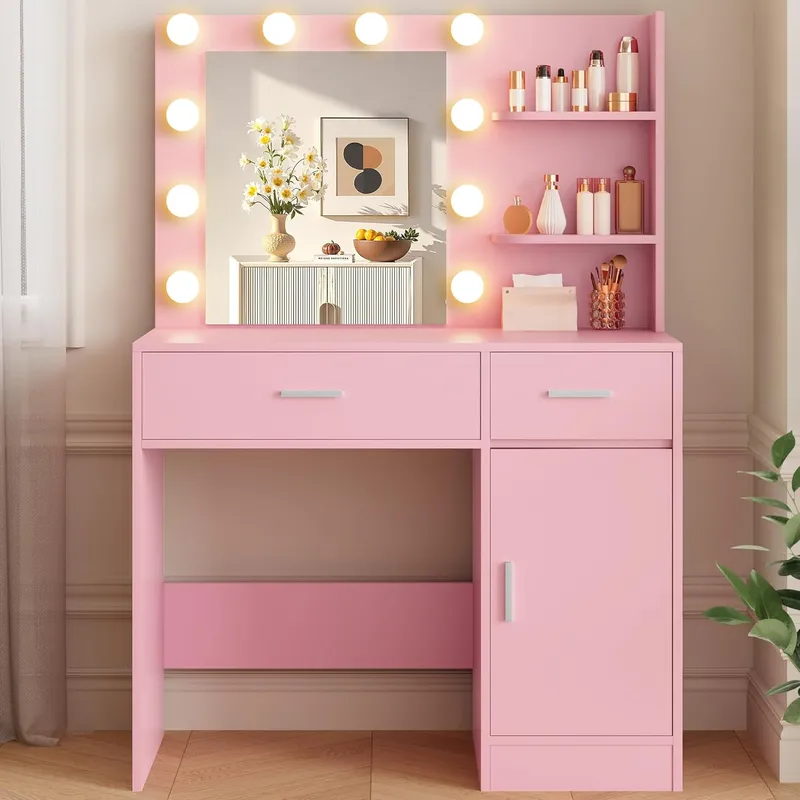 LIVELYGLOW Makeup Vanity Desk, Pink, with Lights and Mirror
