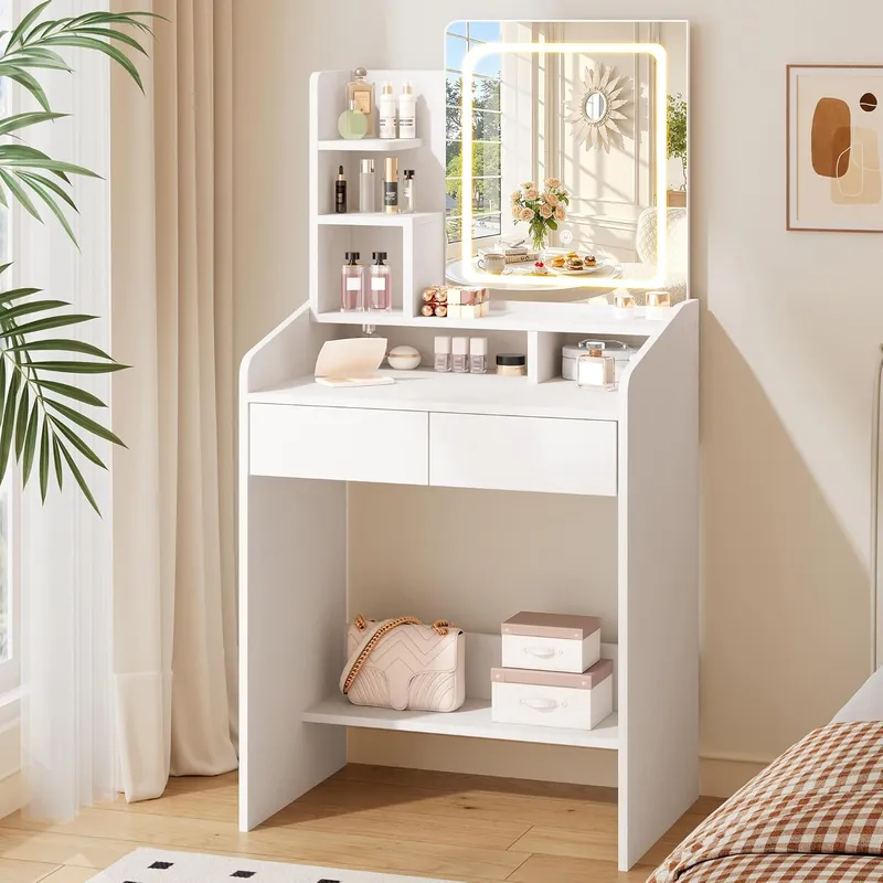 LIVELYGLOW Small Makeup Vanity Desk with Lighted Mirror, White